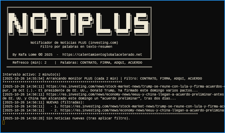 Notiplus mostrando titulares en consola